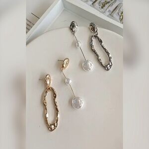 Fashion Jewelry Asymmetric Dangle Earrings in Silver Tone Faux Pearls Accent 💍